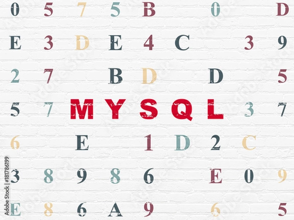 Fototapeta Software concept: Painted red text MySQL on White Brick wall background with Hexadecimal Code