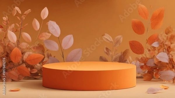 Fototapeta Elegant Autumn Scene with Orange Circular Podium and Leaves Display