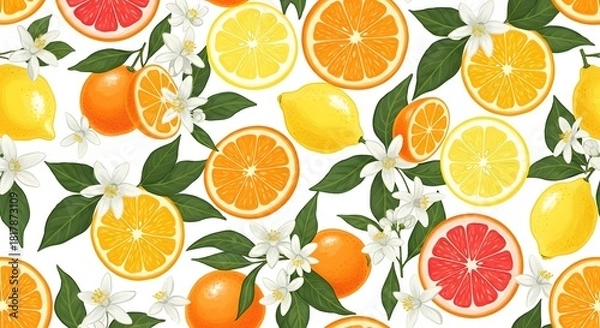 Fototapeta Seamless citrus pattern background with lemon orange grapefruit and flowers summer fresh design