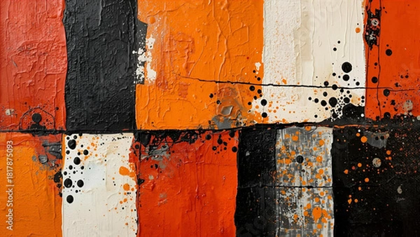 Obraz Abstract Vertical Color Blocks with Heavy Texture and Paint Splatter in Orange, Black, and White