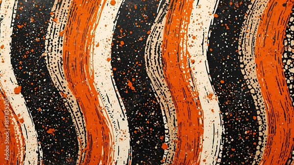 Obraz Abstract Wavy Stripe Pattern in Orange, Black, and Cream with Paint Splatter