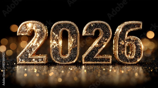 Fototapeta A scene featuring the year 2026 in bold, golden 3D letters with a sparkling, reflective surface. Happy New Year, Happy New Year 2026, Merry Christmas And Happy New Year