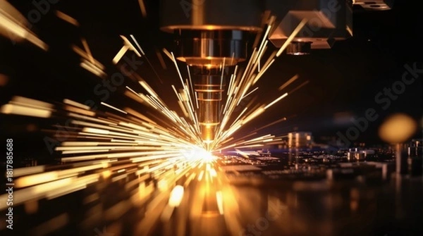 Obraz Dynamic laser cutting scene with vibrant sparks illuminating the workspace.