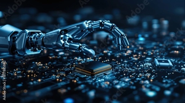 Obraz A robotic hand reaching out to touch a circuit board, symbolizing advanced technology and automation.