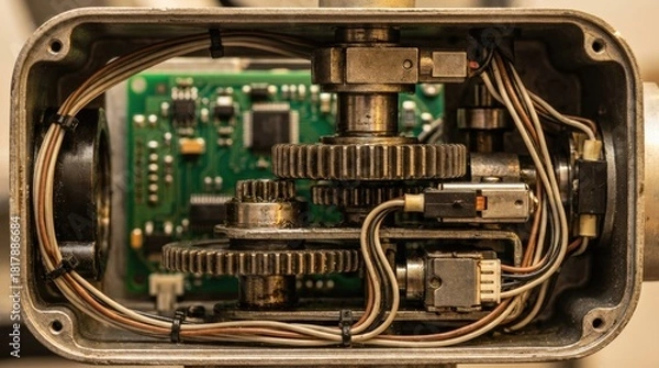 Obraz Detailed view of machinery with gears and electronic components inside a metallic casing.