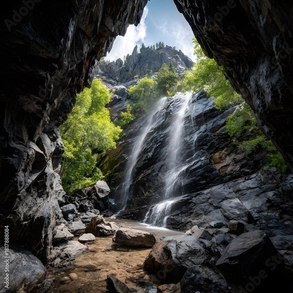 Fototapeta Dramatic Waterfall Viewed Through Dark Cave Opening in Forest Setting
