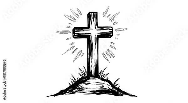 Fototapeta Simple and symbolic Christian cross standing on a hill radiating light and hope