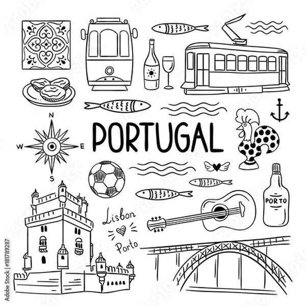 Fototapeta Portugalia ręcznie rysowane symbole. Odwiedź koncepcję Lizbony, Porto, Portugalii. Zarys czarno-białe ilustracje podróżnicze