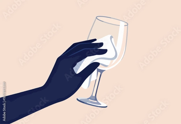 Obraz An illustration shows a dark hand holding a white cloth cleaning a wine glass with a light pink background