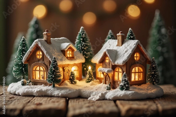 Fototapeta Charming little winter village scene illuminated with a soft, golden glow. wooden table, front view. 3d rendering.