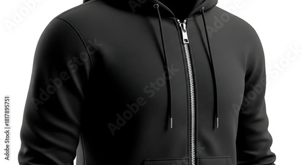 Fototapeta modern zip hoodie mockup, metallic zipper details, realistic fabric folds and textures, standing upright with a clean white background, high-definition lighting with shadows enhancing fabric details--