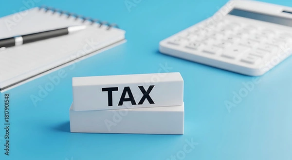 Fototapeta A white calculator, a notebook with a pen, and a block with the word tax on a bright blue background, symbolizing financial planning and tax season