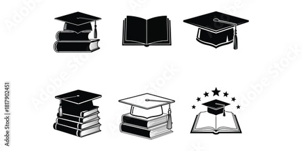 Fototapeta Collection of graduation caps and books icons isolated on