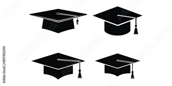 Fototapeta Four black graduation caps with tassels, isolated on
