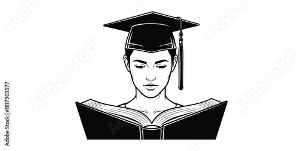Fototapeta Student in graduation cap reading book, isolated on