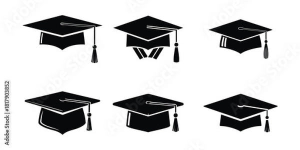 Fototapeta Six black graduation caps with tassels, isolated on white