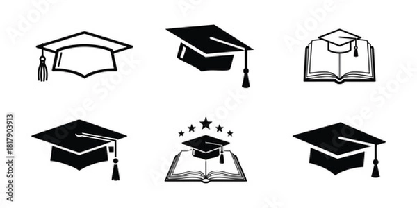 Fototapeta Collection of graduation caps and open books, isolated on