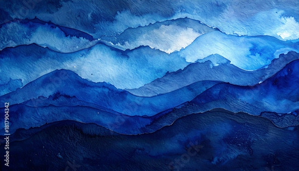 Obraz 深い青の水彩波が幾重にも重なる海のイメージ