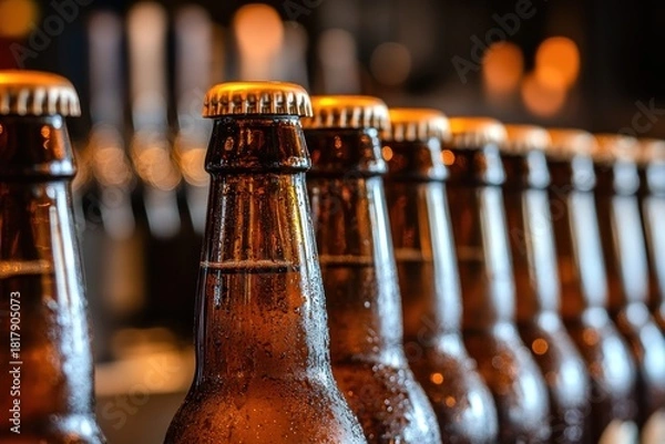 Fototapeta A row of dark brown beer bottles with gold caps are lined up on a bar counter.