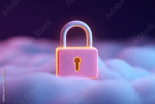 Obraz Holographic Padlock Icon Floating in a Dreamy Cloud Background