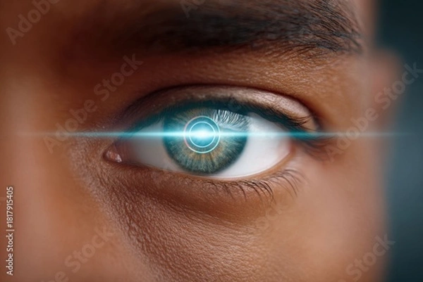 Fototapeta Close-Up of a Glowing Eye in a Biome Environment with Digital Effects and Detail