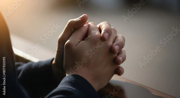 Fototapeta Close up of human hands clasped in prayer conveying deep contemplation and solemn emotion 68362667 1