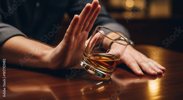 Fototapeta Close-up of a man pushing a glass of alcohol away on the table symbolizing his commitment to stop dr 82435678 1