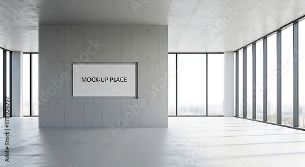 Fototapeta Bright empty concrete interior with mock up place on wall panoramic windows and daylight 3D Renderin 14897445 1