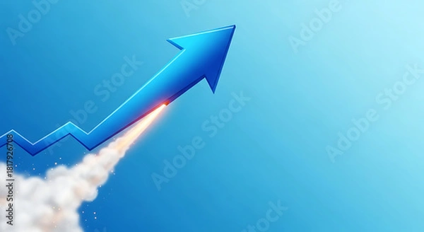 Fototapeta Blue upward arrow launching like a rocket with smoke on clean gradient background for business growt 90205063 1