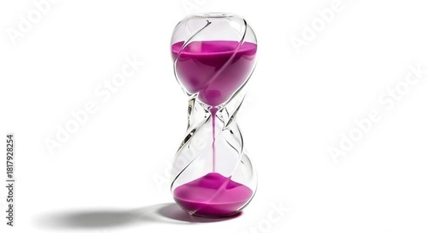 Fototapeta Modern Glass Hourglass with Vibrant Pink Sand Flowing Symbolizing Time Passing and Management Isolated on White Background