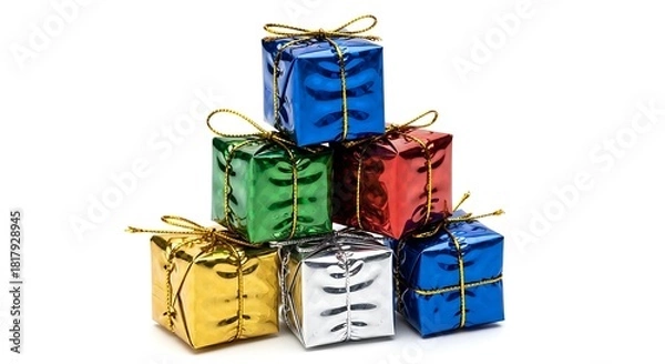Fototapeta Stack of Colorful Christmas Presents Wrapped in Shiny Foil with Gold Ribbons Festive Holiday Gift Boxes Isolated on White Background