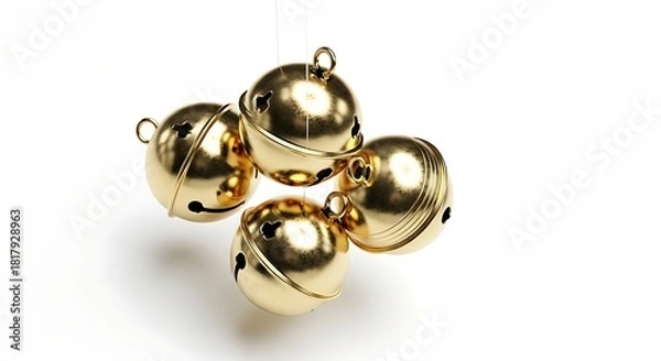 Obraz Golden Jingle Bells Cluster Festive Holiday Decoration and Craft Supply Isolated on White Background