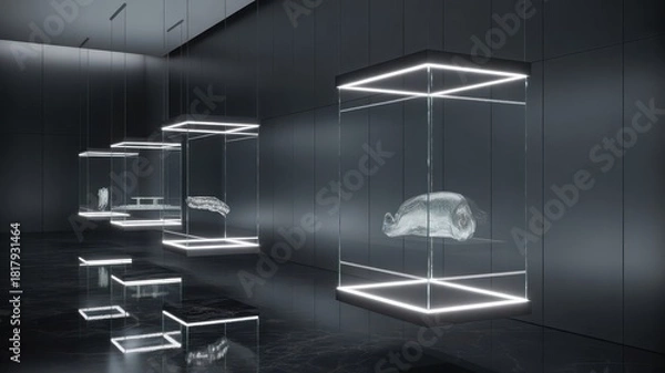 Fototapeta Illuminated display cases showcasing various objects in a dark room