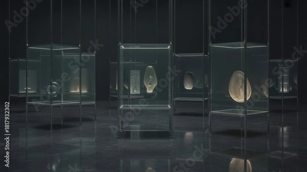 Fototapeta Collection of artifacts displayed in transparent glass boxes