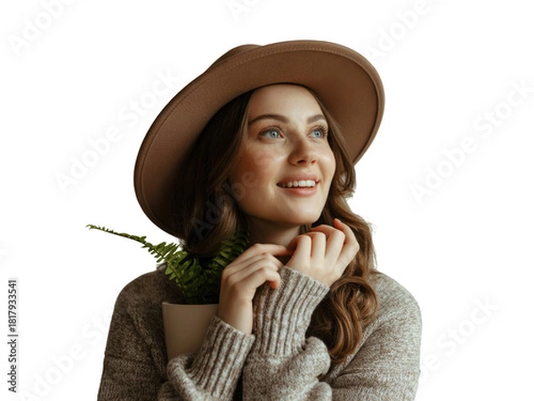 Fototapeta Young woman with hat and potted plant looking up with a smile, isolated isolated on transparent background