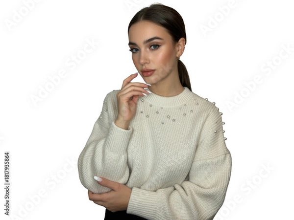 Fototapeta Young woman with pearl embellished sweater posing elegantly on white background isolated on transparent background