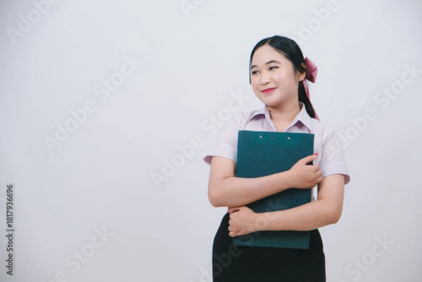 Fototapeta Young woman in professional attire smiling and holding a clipboard against a white background, portraying confidence and readiness for work or study