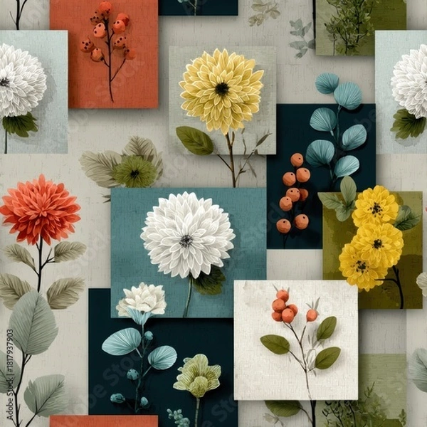 Obraz Seamless Pattern modern flowers. A vibrant floral pattern featuring colorful flowers and leaves arranged in geometric shapes for artistic inspiration.