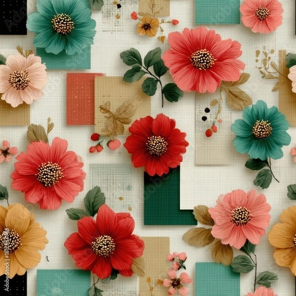 Obraz Seamless Pattern modern flowers. A vibrant floral pattern featuring colorful flowers and leaves on a textured background.