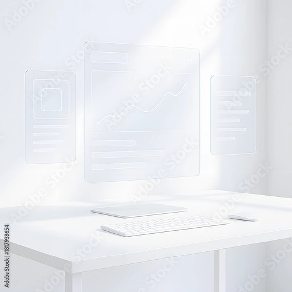 Obraz A minimal white workspace with soft holographic UI panels, ideal for illustrating clean digital dashboards, modern productivity tools, and futuristic interface concepts.