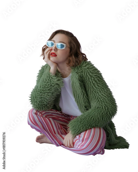 Fototapeta Young woman in fluffy green coat and striped pants wearing sunglasses sitting cross-legged isolated on transparent background