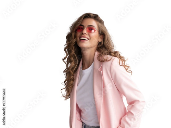 Fototapeta Young woman in pink blazer and sunglasses smiling, isolated on white background isolated on transparent background