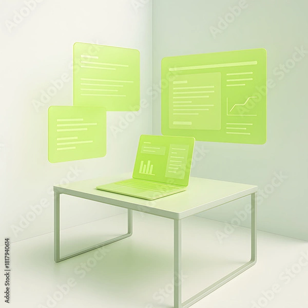 Obraz A bright minimal workspace with green holographic panels and a laptop displaying analytics, ideal for illustrating digital dashboards, modern productivity, and futuristic interface concepts.