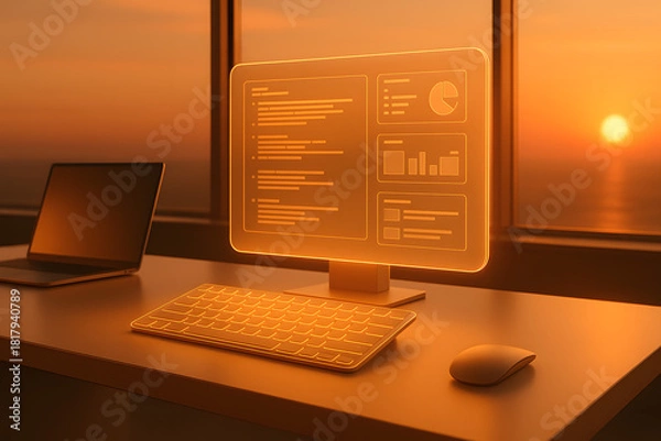 Obraz A warm sunset workspace with glowing orange holographic dashboards, perfect for illustrating digital productivity, data analytics, and modern remote work environments.