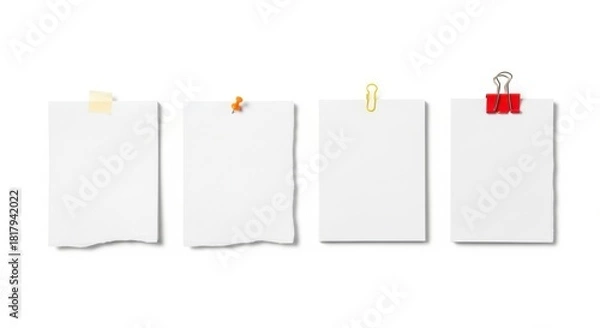 Fototapeta Four blank white paper notes with torn edges attached with clips and tape isolated on white background
