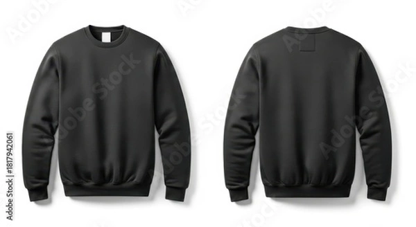 Fototapeta Two plain black crewneck sweatshirts shown from the front and back isolated on white background