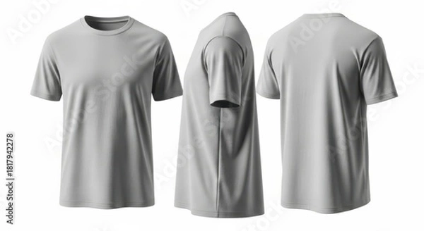 Fototapeta Three views of a plain grey t shirt displayed from front side and back isolated on white background
