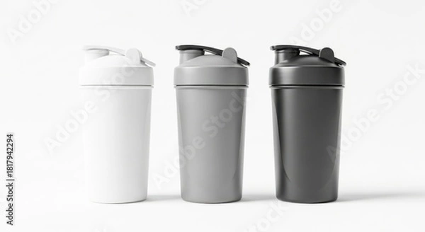 Fototapeta Three tall cylindrical plastic shaker bottles in white gray and black colors arranged side by side isolated on white background