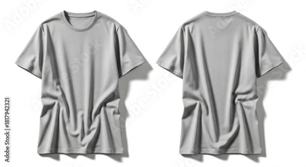 Fototapeta Two views of a plain grey t shirt front and back showcasing its relaxed fit and fabric texture isolated on white background