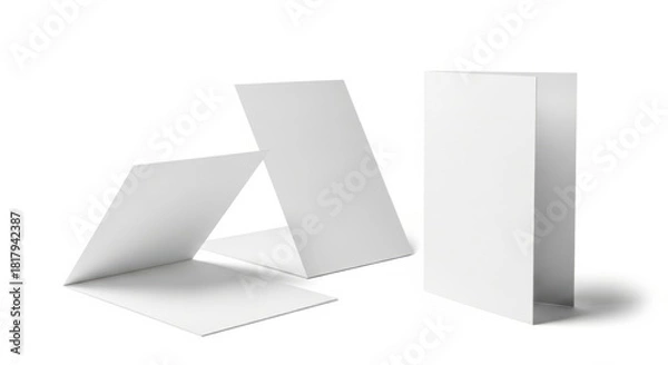 Fototapeta Three blank white folded brochures or flyers arranged on a clean white background for mockups isolated on white background